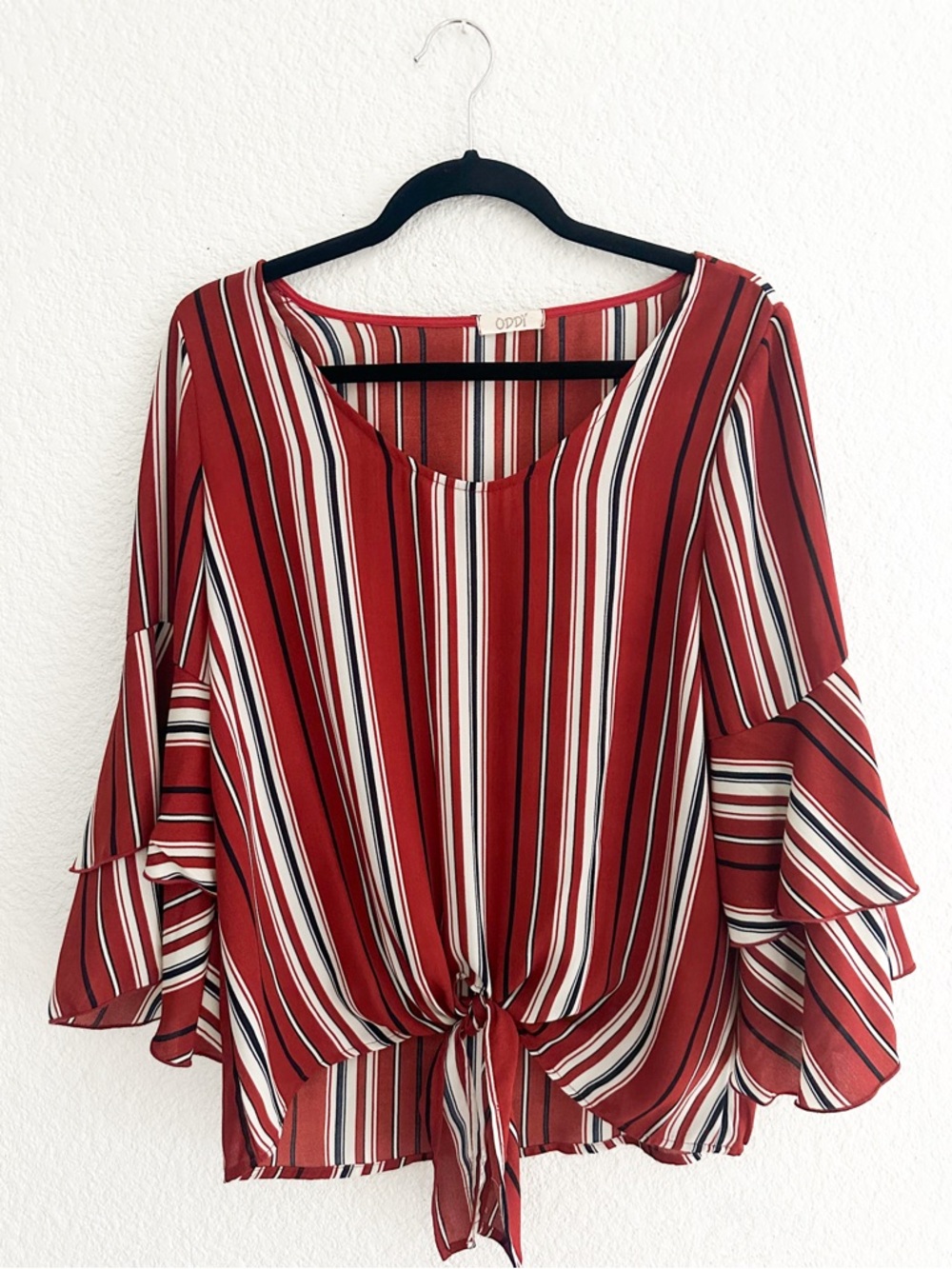 ODDY Red Striped Tie-Front Bell Sleeve Blouse